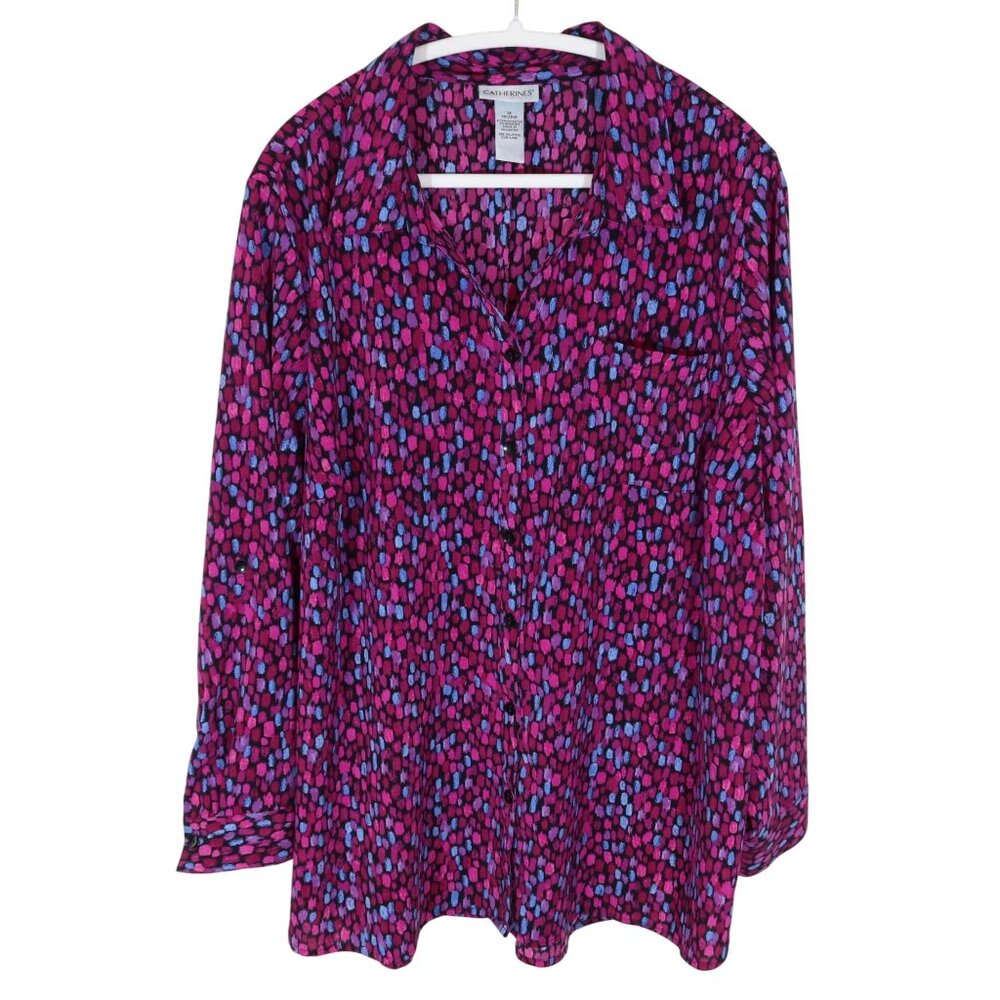 CATHERINES Roll Tab Sleeve Chest Pocket Button Up Tunic Top Size 1X Purple Blue